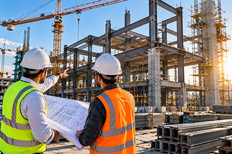 Two engineers with structural drawings inspecting a steel frame building under construction